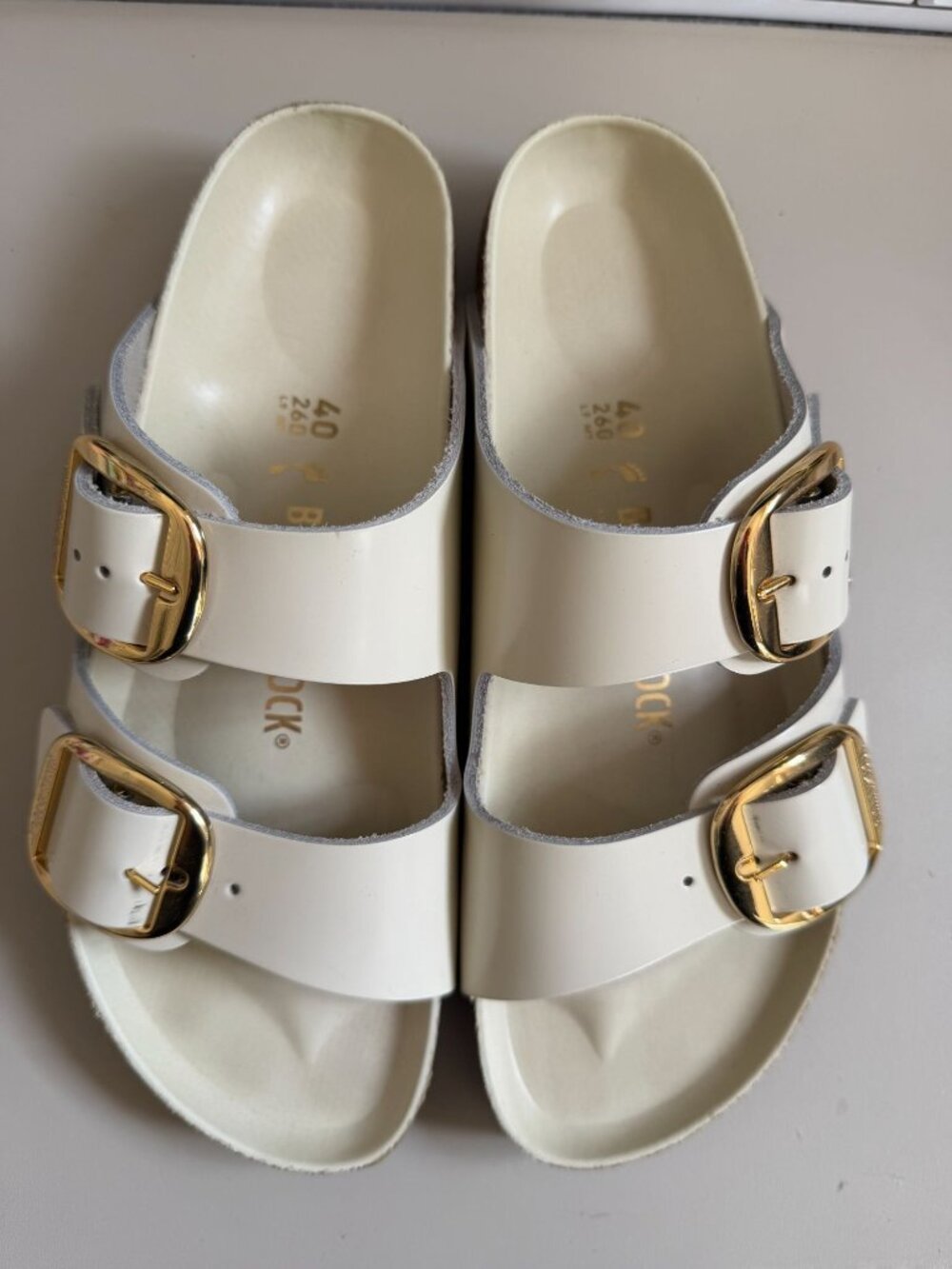 BIRKENSTOCK BIG BUCKLE HIGH SHINE ECRU IVORY/WHITE LEATHER NARROW SZ 40 EU (US 9 - Picture 2 of 6
